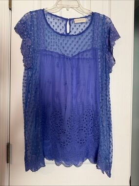 Johnny Was 4 Love and Liberty Sheer Swiss Dot & Lace Blouse in Periwinkle Blue